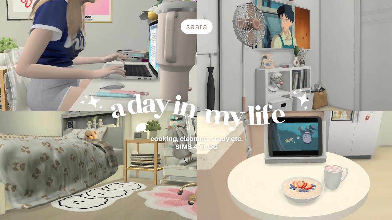 [SIMS 4 VLOG] ๋࣭⭑🍓📓🧽 | living alone, cooking, cleaning , study etc. | seara