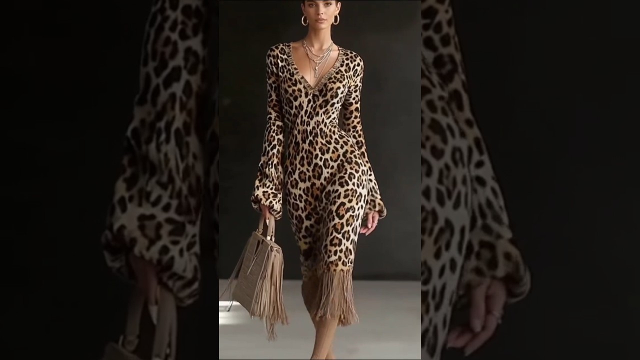 Leopard Print Deep V-Neck Bodycon Midi Dress | Bold, Flare Sleeve Elegance 