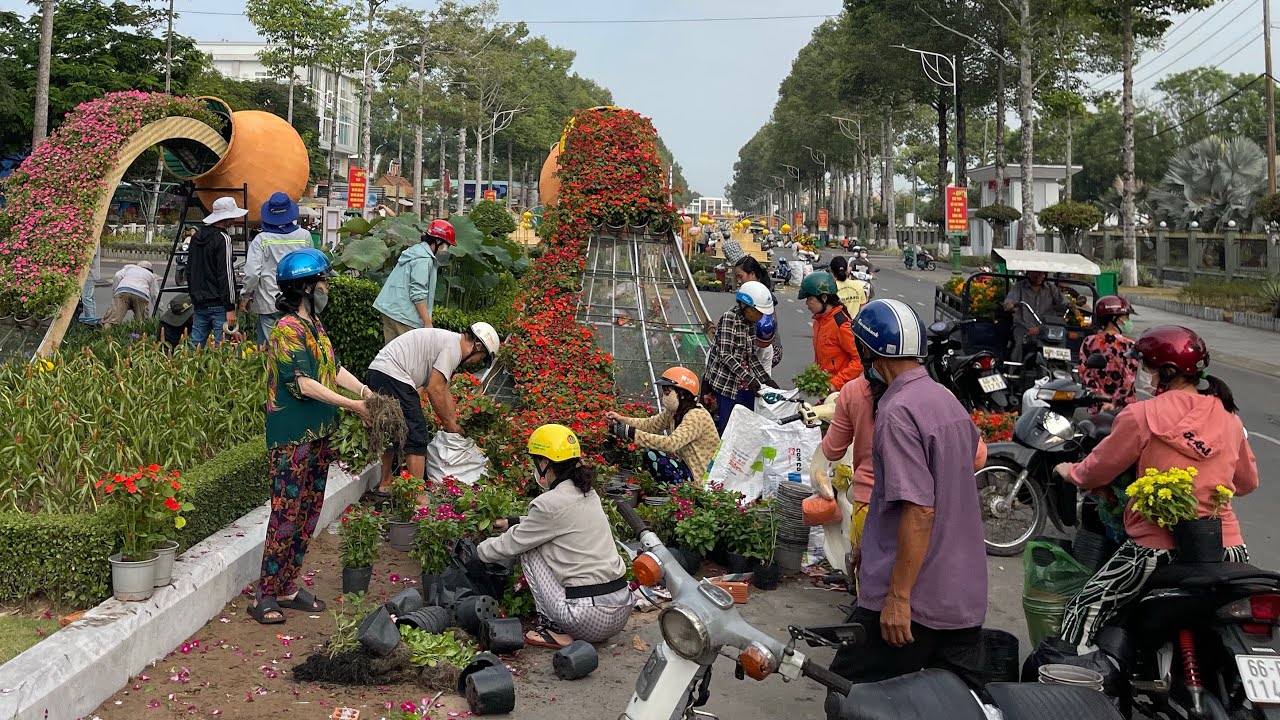 Dọn đường hoa Xuân Cao Lãnh Người dân chia nhau hoa mang về nhà vui như đi chợ Tết
