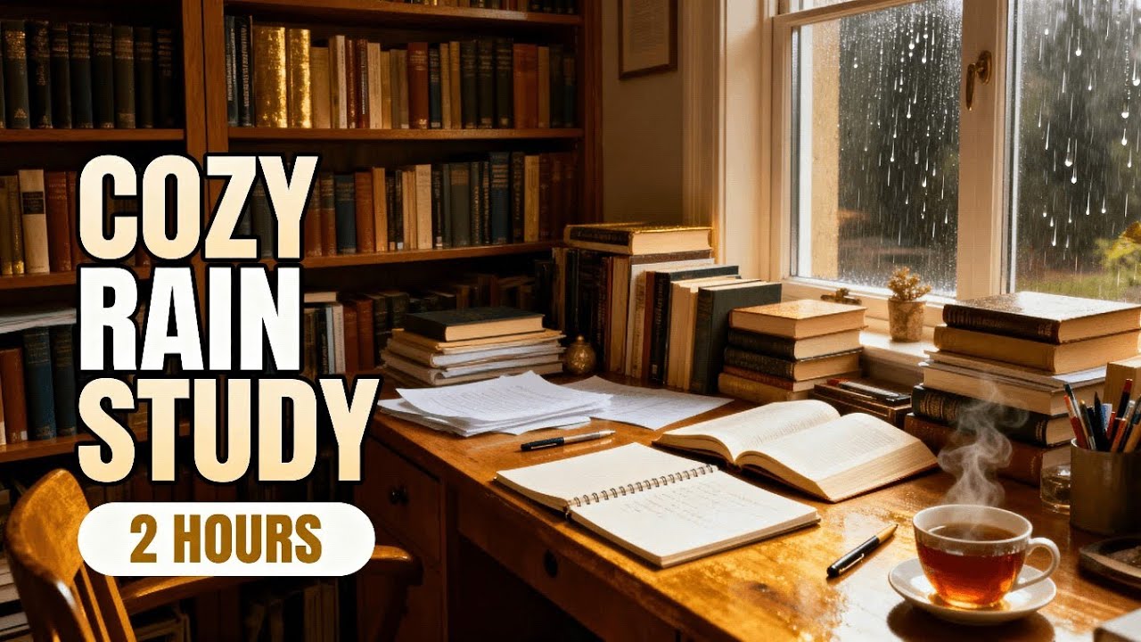 Cozy Rain Study 📚 | Warm Library Desk & Deep Focus (2 Hours)