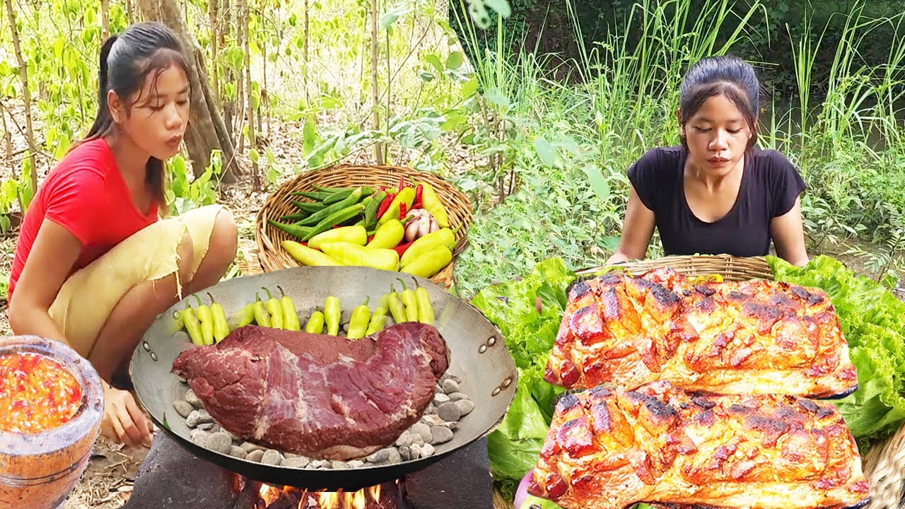 Yummy Pork Steak deep frying and Eating with vegetables @RinaAdventureAllTime