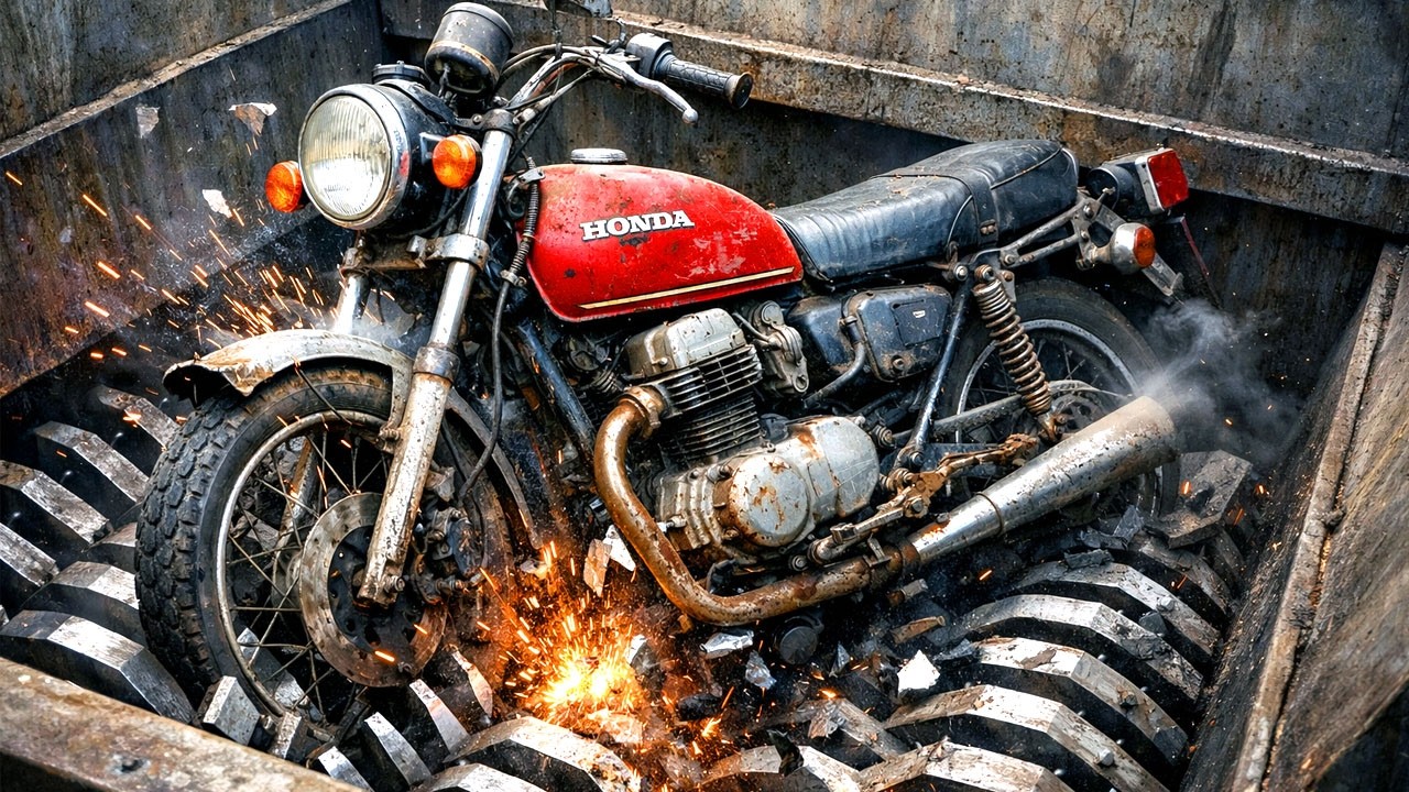 Giant Industrial Shredder Destroying Heavy Motorcycle With Engine! Metal Shredding Machine