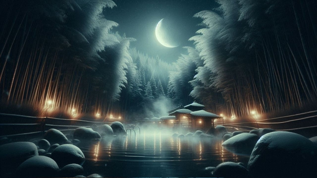 半月と竹林の露天風呂｜深夜の静寂（10分）