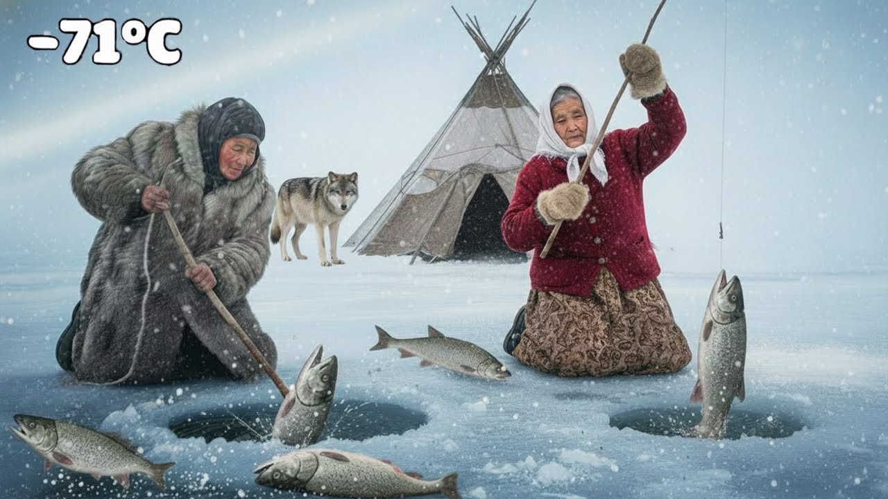 –71°C Survival Ep12: 90-Year-Old Yakutia Twin Sisters Catch Trout on a Frozen River