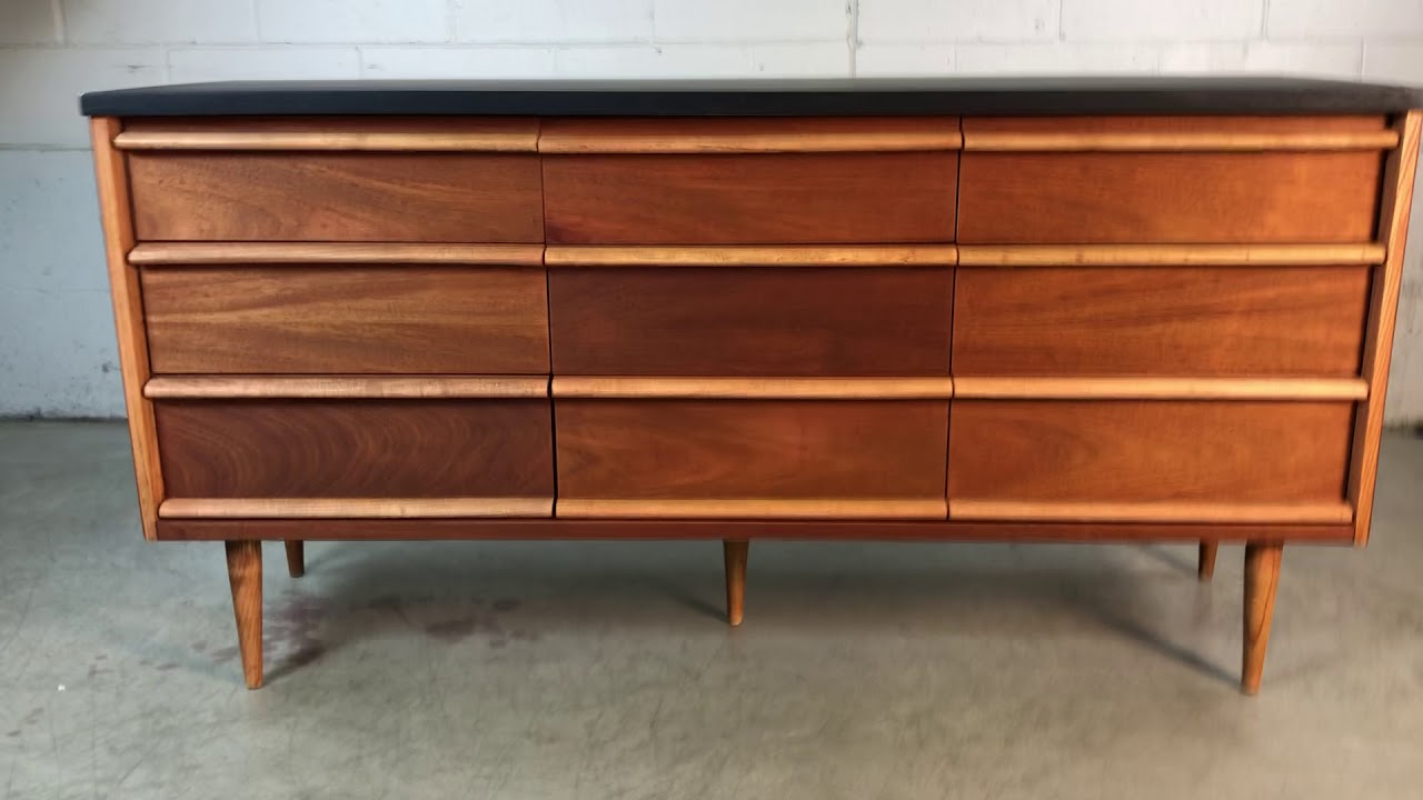 1960s Walnut & Black Painted Nine Drawer Dresser