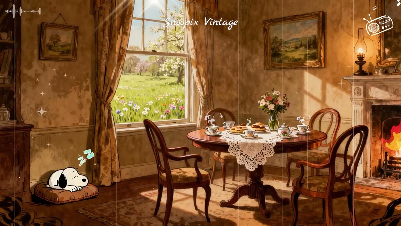 Snoopy’s Peaceful Spring Afternoon 🌿 | 1940s Vintage Jazz Playing in Another Room | Cozy Fireplace