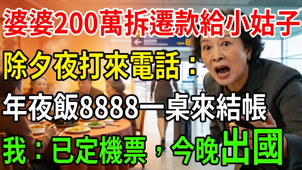 婆婆把200萬拆遷款給小姑子，我沒鬧，除夕夜她打電話：「年夜飯8888一桌，過來結帳」我：你們吃吧，我已經國外定居了#一帆說故事#為人處世#生活經驗#情感#故事#深夜淺讀