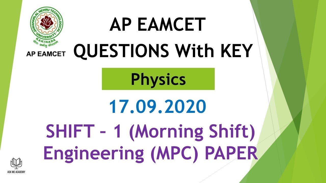 AP EAMCET Question paper Physics 17.09.2020 Shift 1 MPC paper with key #apEamcet