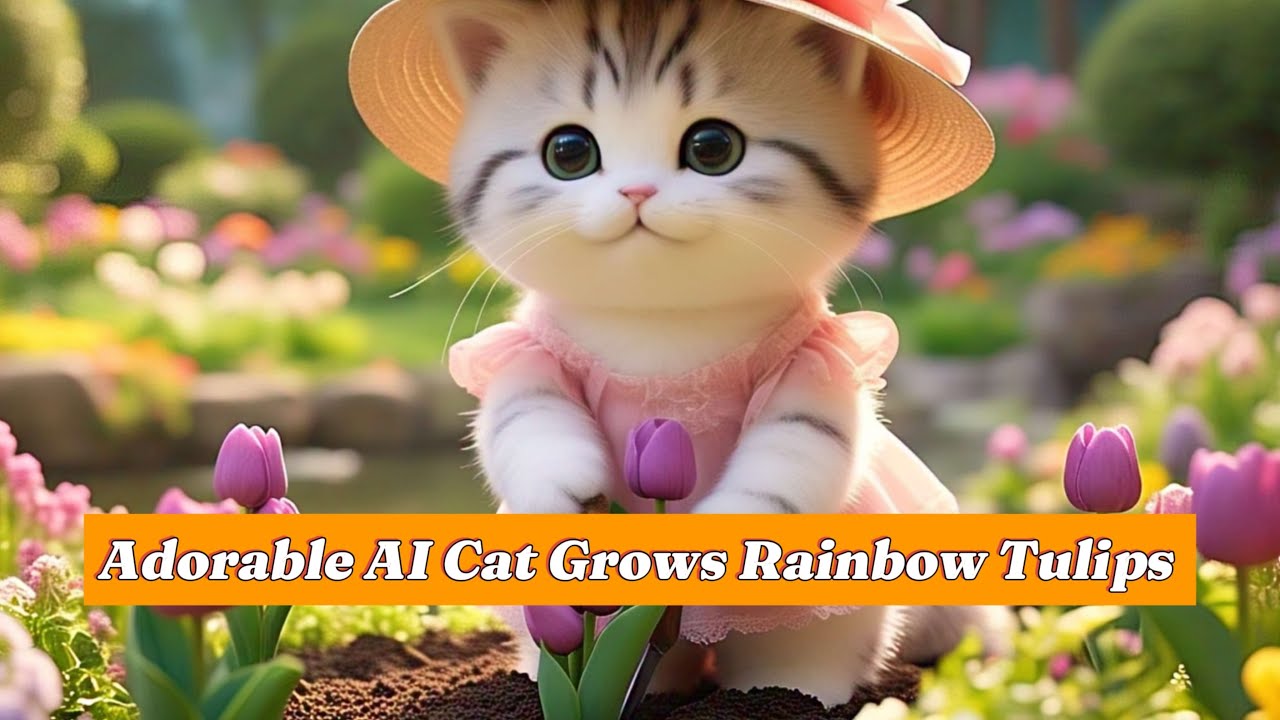 Adorable AI Cat Grows Rainbow Tulips