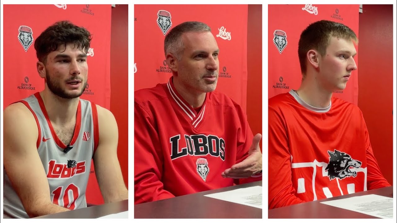 UNM Lobo coach Eric Olen and Lobos Tomislav Buljan and JT Rock after beating Nevada (Jan. 24, 2026)