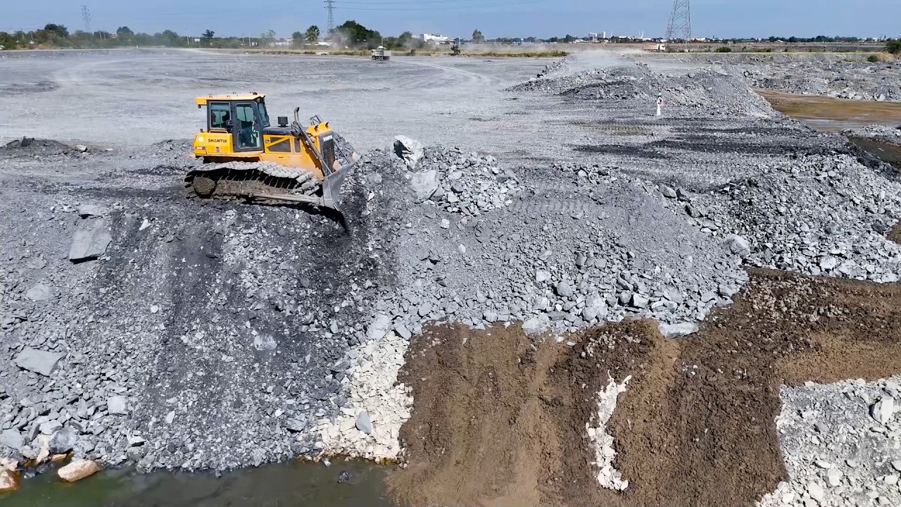 Incredible ​In the Flooded Area!! Technique Filling Stone Into Deep Lake Process Bulldozer and Dump