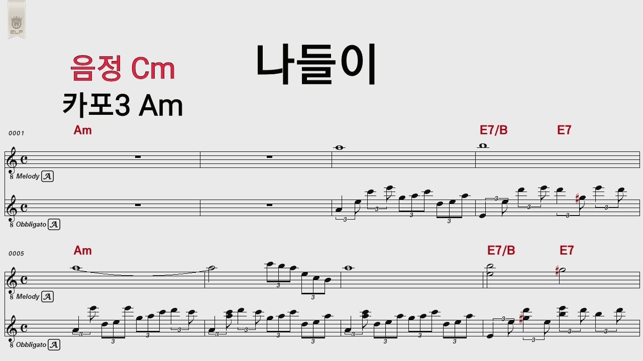 나들이 이정선 음정Cm 카포3 Am/통기타 카포 악보영상