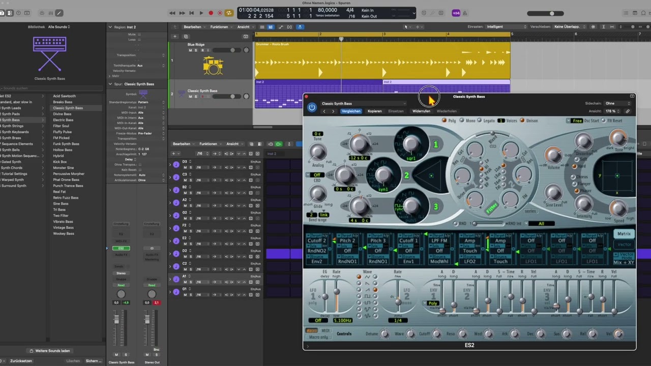 Basssequenz mit Drums, Synth und KI Piano in Logic 12