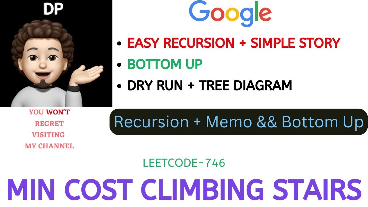 Min Cost Climbing Stairs | Bottom Up | Recursion | Memoization | GOOGLE | Leetcode - 746
