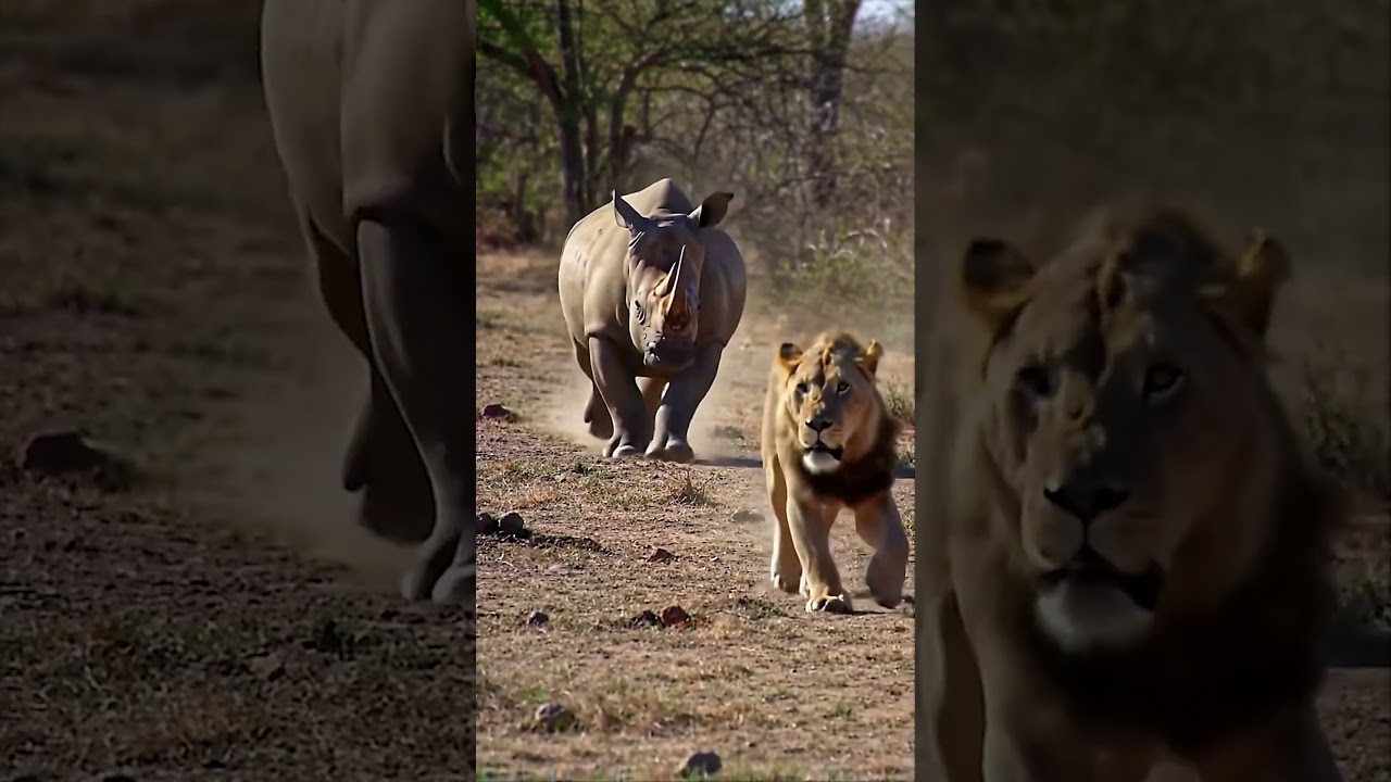 Lion on the Run! Rhino Charges Full Speed!
