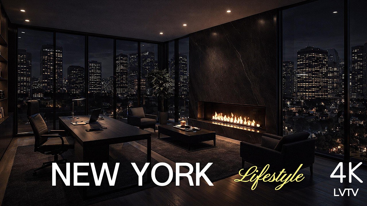 Luxury Office Ambience in New York | Night City View & Fireplace (2H Loop)