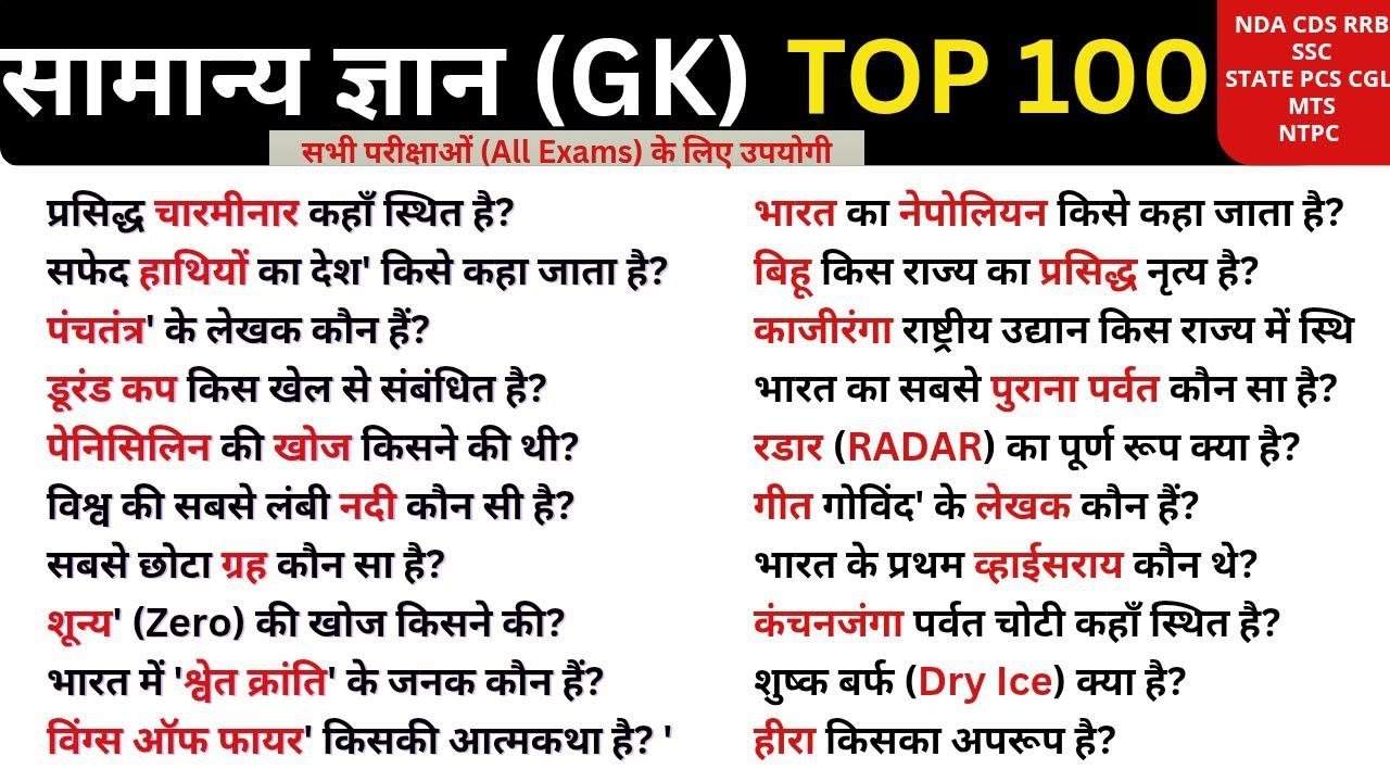 सामान्य ज्ञान Top 100 | General Knowledge | Top 100 GK/GS questions #gk #lucentgk #ssc #rrb #nda#mts