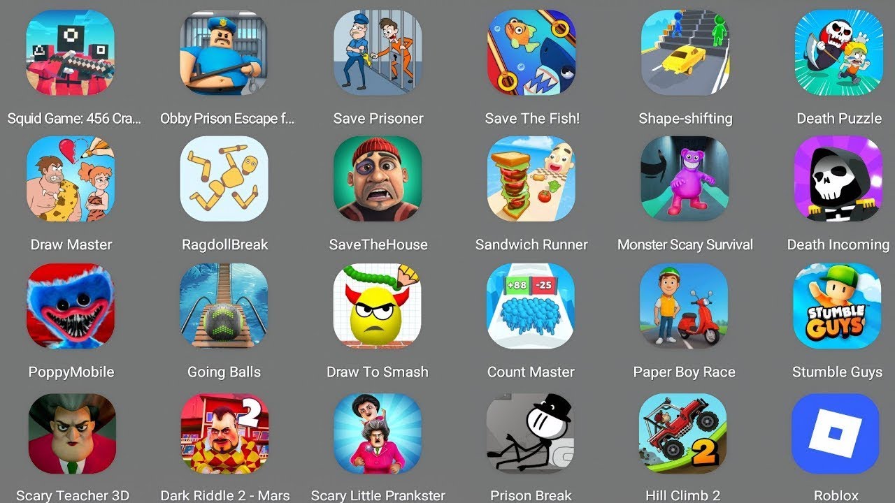 Roblox, Sprunki Survival, Ragdoll break, Scary Teacher 3D, Sandwich runner, paper race, Stumble Guys
