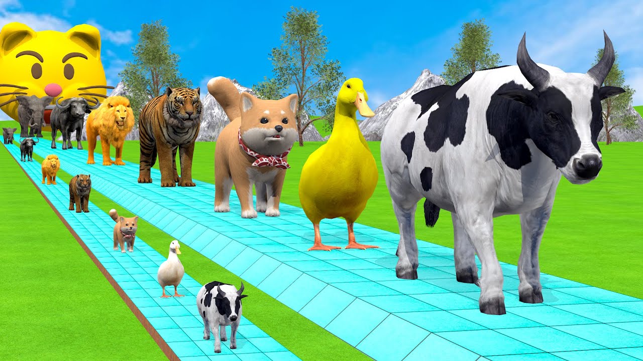 Long Slide Game With Cow Elephant Gorilla Hippopotamus Tiger - 3d Animal Game - Funny 3d Animals
