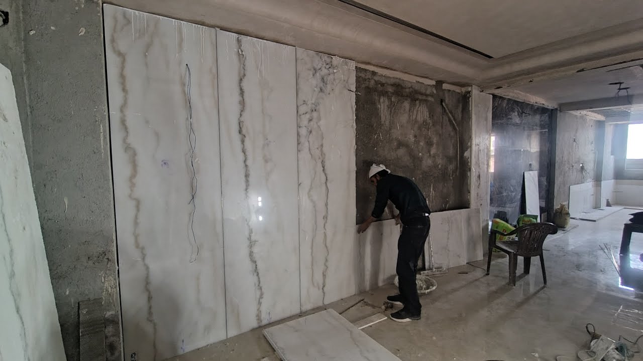 live install wall white marble working design