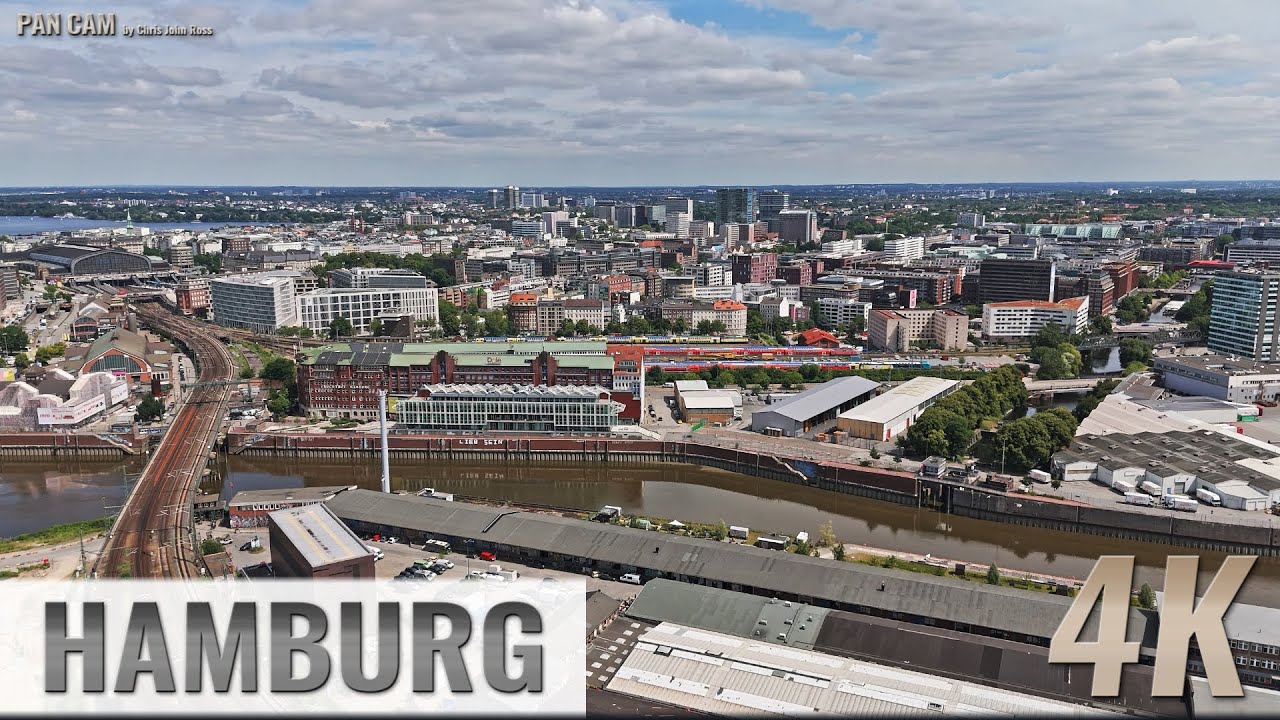 Hamburg: HafenCity - Baakenhafen, Oberhafen, Lohsepark, City - Aerial Pan - Luftpanorama - 4K - 0294