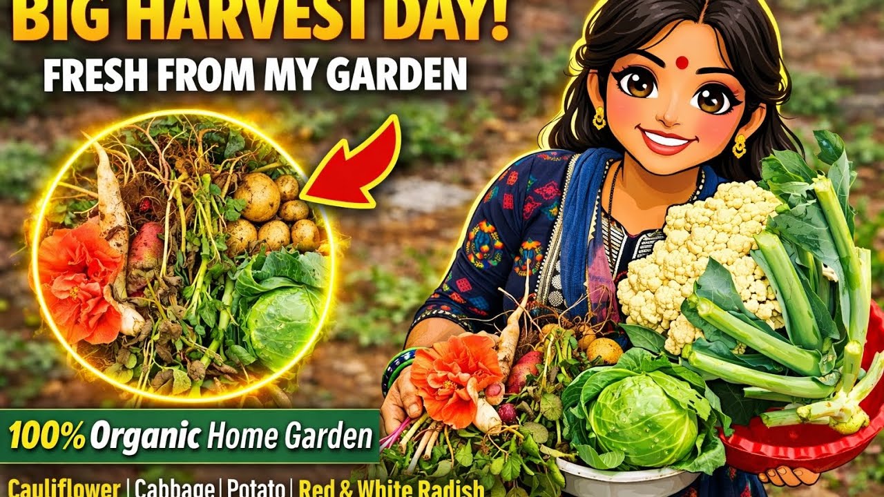 Big Harvest Day! Fresh Organic Cauliflower, Cabbage & Radish From My Home Garden #youtube 