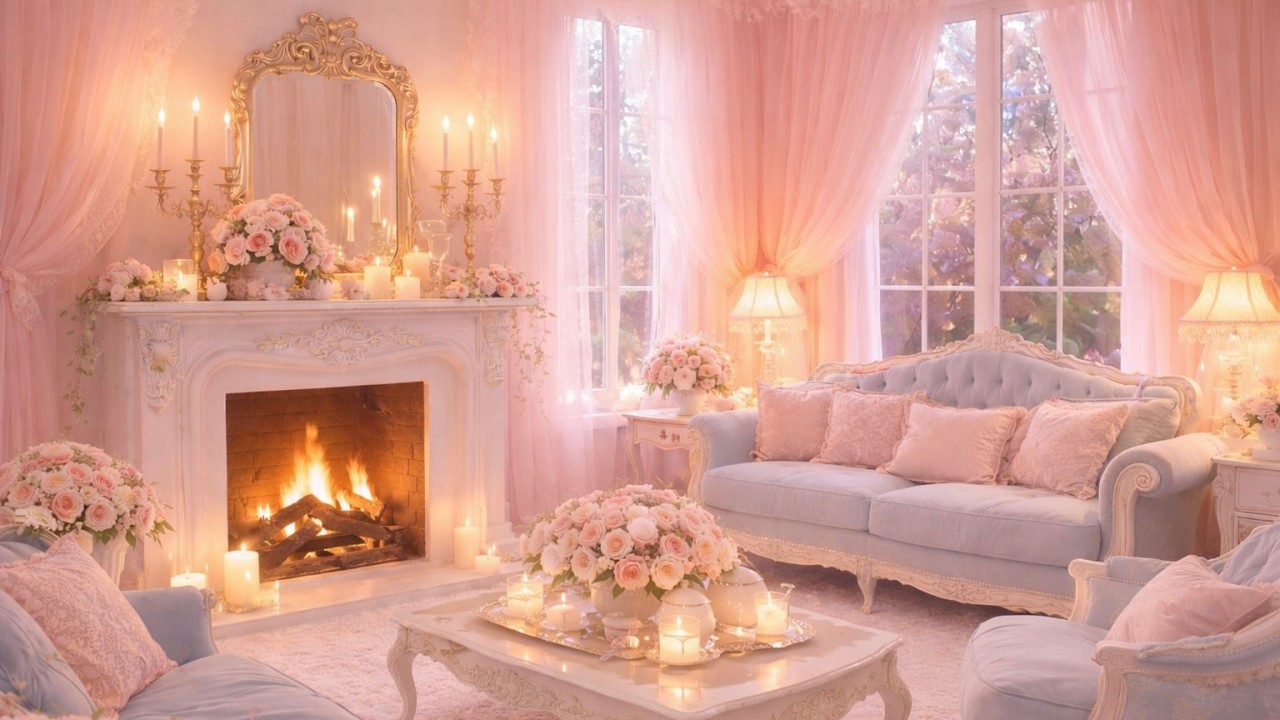 Pastel Princess Coquette Living Room Ambience 🎀 Fireplace & Soft Piano (4 Hours)