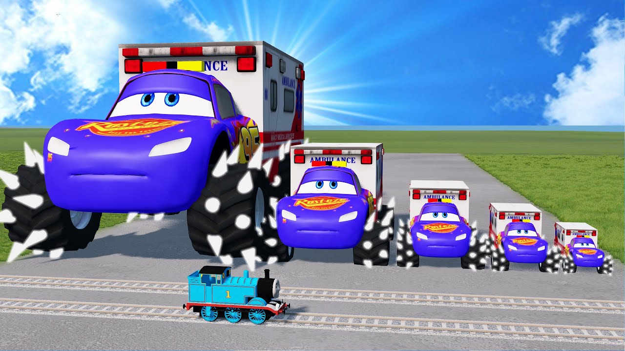 Big & Small Colors Mcqueen Ambulance Truck VS Trains - Slide Color vs Spinner Wheels - BeamNG.drive
