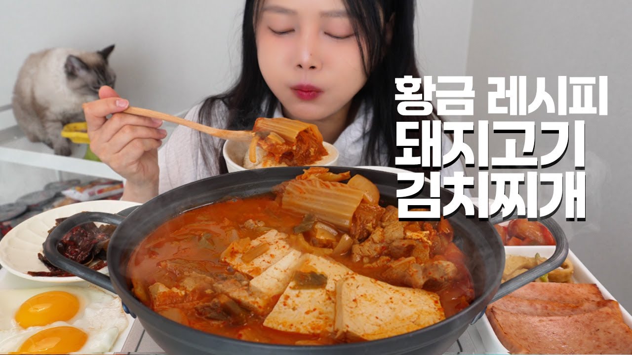 진한 국물! 맛집 레시피로 만든 돼지고기 김치찌개 먹방(feat.스팸+후라이) My home-made pork kimchi stew eating show korea mukbang
