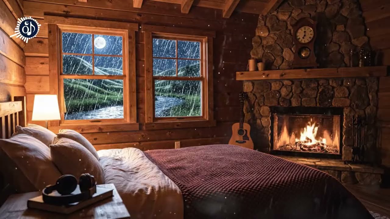 Deep Sleep in a Rainy Cabin: Cozy Bedroom, Fireplace & Soft Moonlight