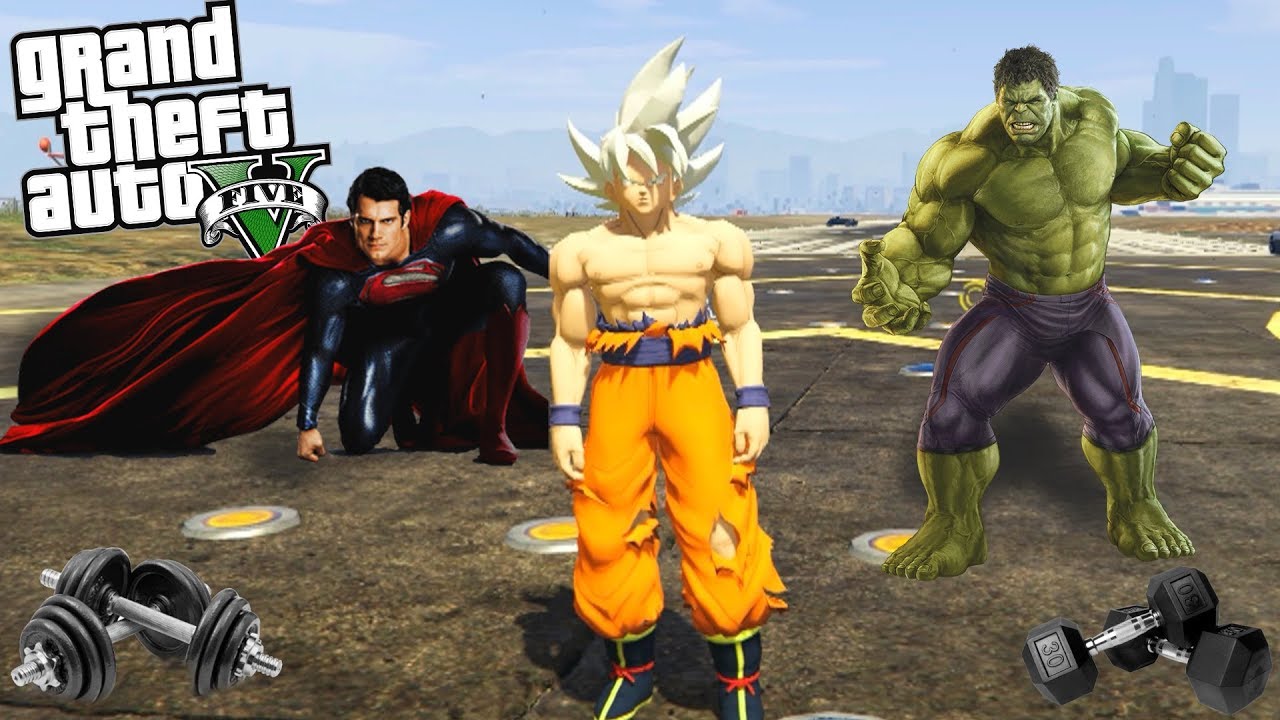 QUIEN ES MAS FUERTE GOKU SUPERMAN O HULK? | PRUEBAS FÍSICAS GTA 5 MODS