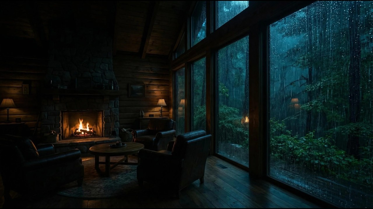 🔥 LIVE Cozy Cabin Rain Sounds (No Ads) 🌧️ Fireplace & Forest Window Ambience for Deep Sleep