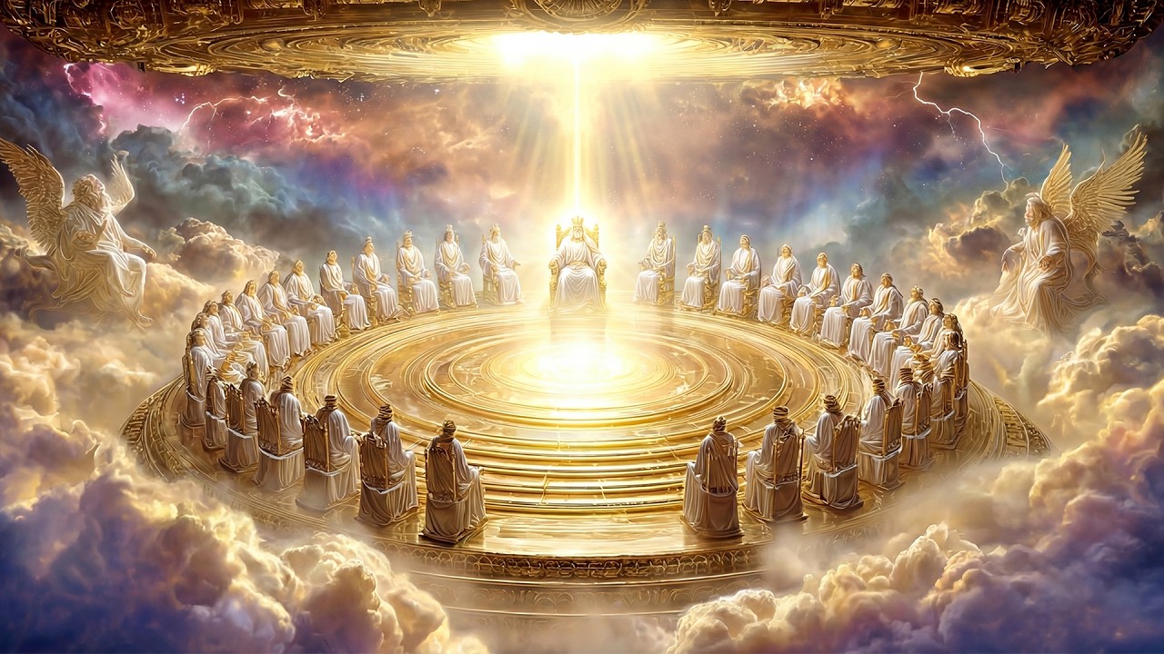 The Celestial Council: Divine Beings in Eternal Unity within a Golden Palace of the Heavens