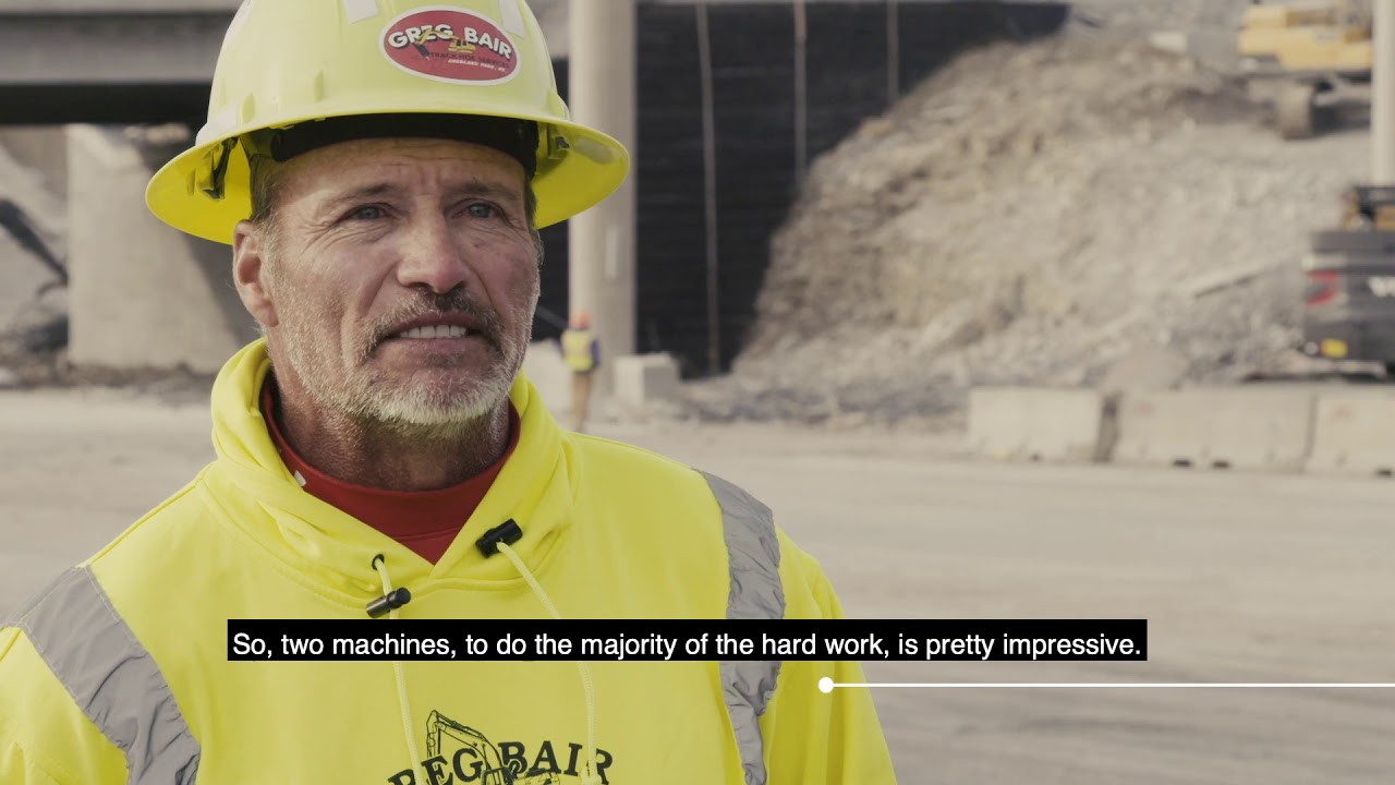 Two Volvo High Reach Demolition Excavators Tear Down Major Bridge
