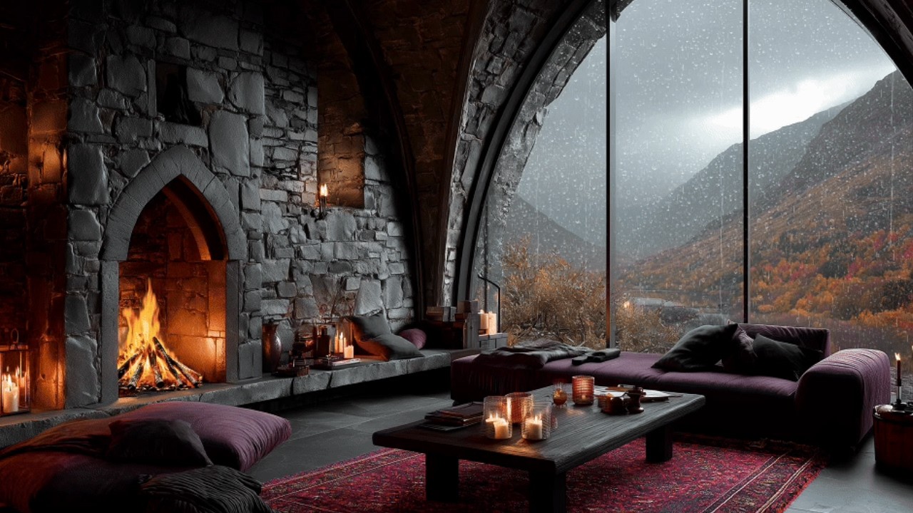 Rain in an Irish Stone Manor 🌧️ | 8 Hours Cozy Fireplace Ambience for Deep Sleep 4K