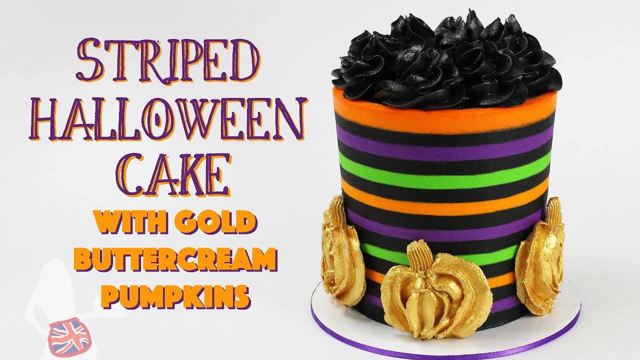 Striped Halloween Cake With Gold Buttercream Pumpkins