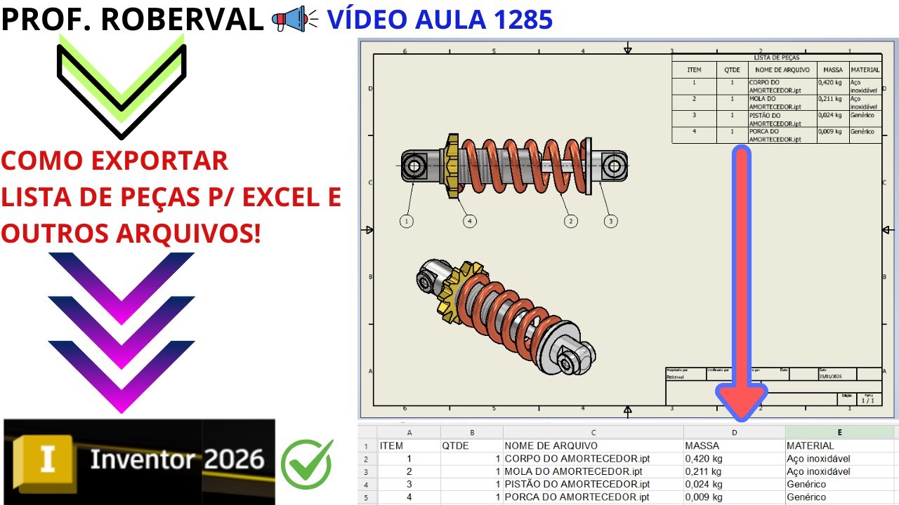 Aula 1285 - Como Exportar Lista de Peças do Desenho 2D em Excel ou outros Arquivos no Inventor