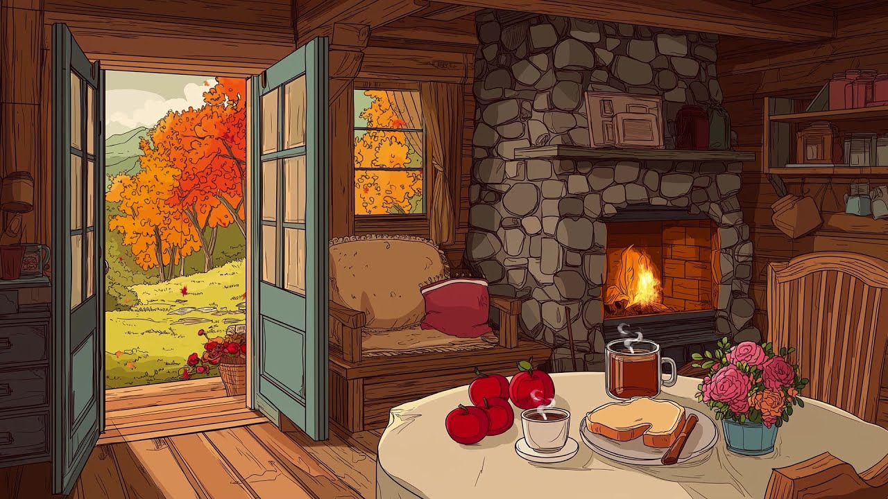 oldies playing in another room 1950s| cozy autumn cabin ambience with warm fireplace & vintage vibes