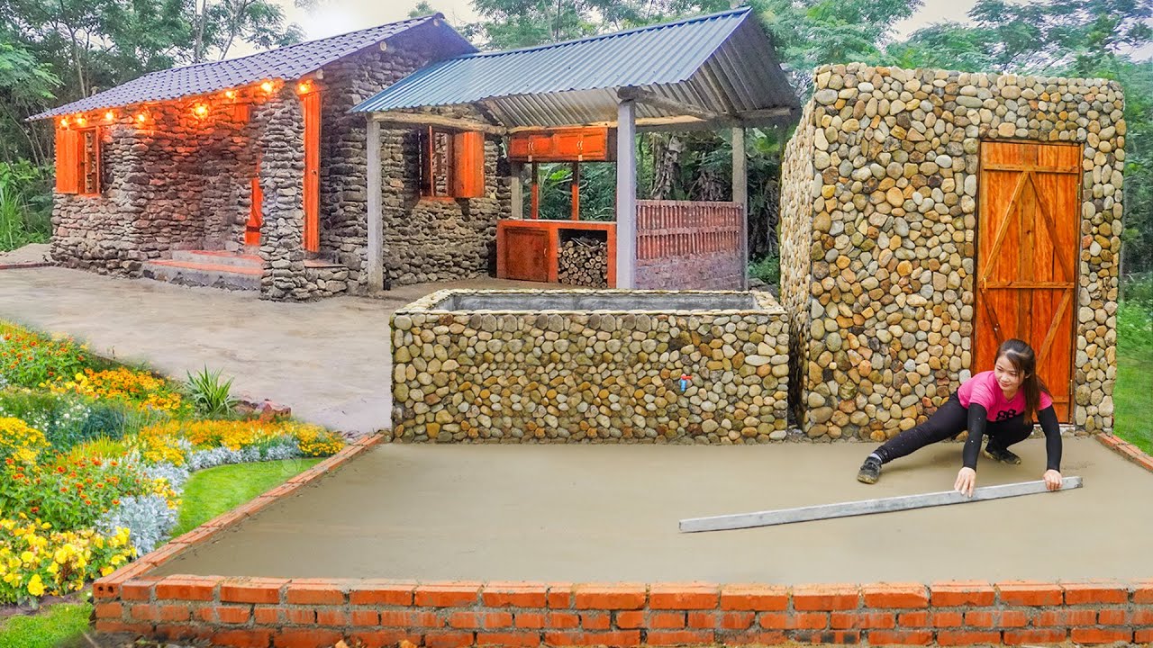 TIME LAPSE: 45 Girl Built Her Own Yard, Toilet, Water Tank - Completed Her Dream Stone House Alone