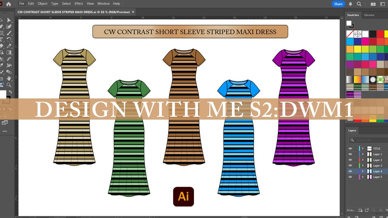 DESIGN WITH ME | SHORT SLEEVE STRIPED MAXI DRESS | ADOBE ILLUSTRATOR DESIGN | FASHION DESIGN DRESSES