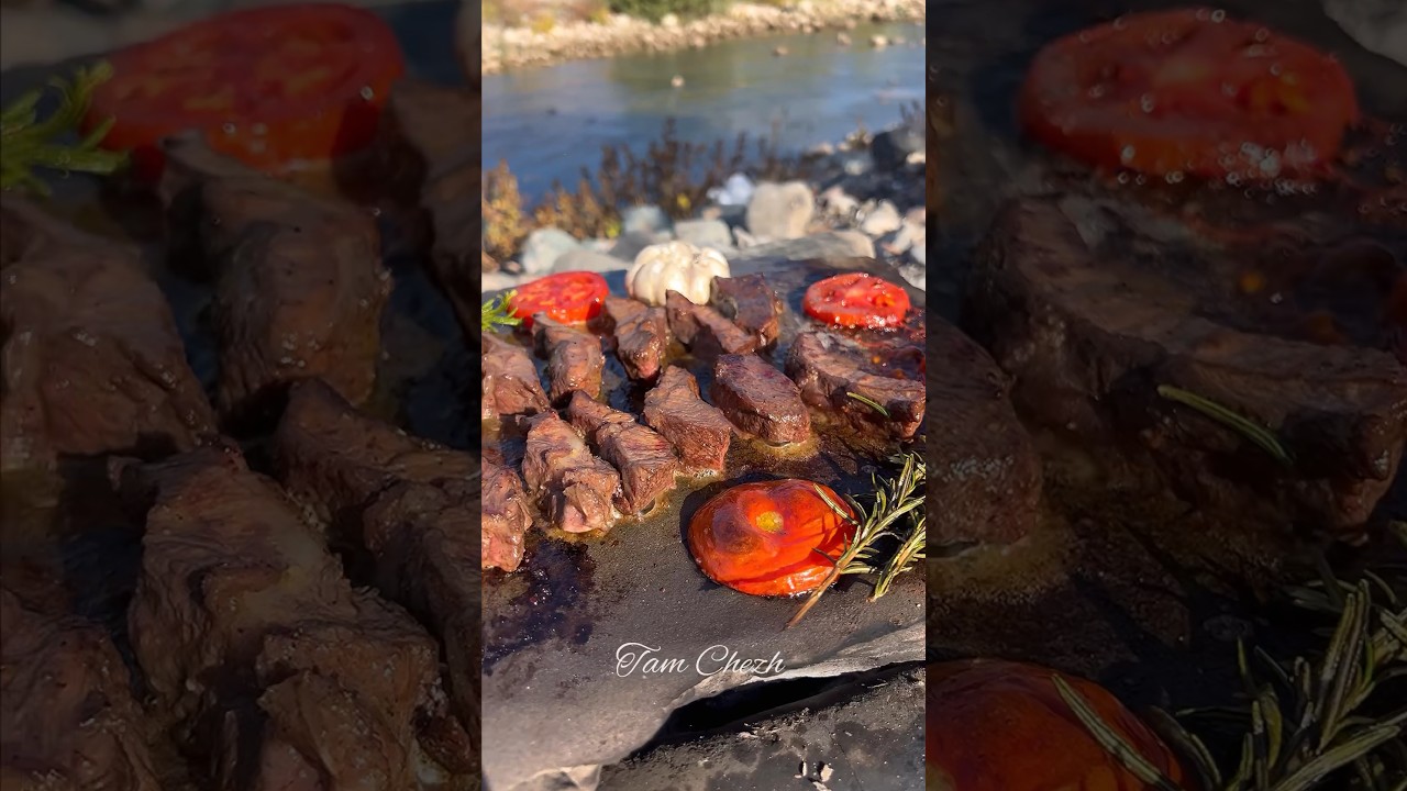 Very delicious grilled meat on the stone in nature