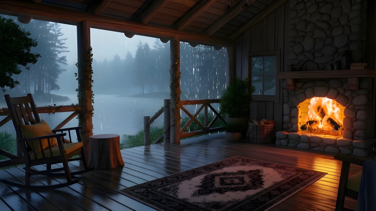 Heavy Rain at a Lakeside Cabin Fireplace 🌧️🔥 | Deep Sleep Rain Sounds