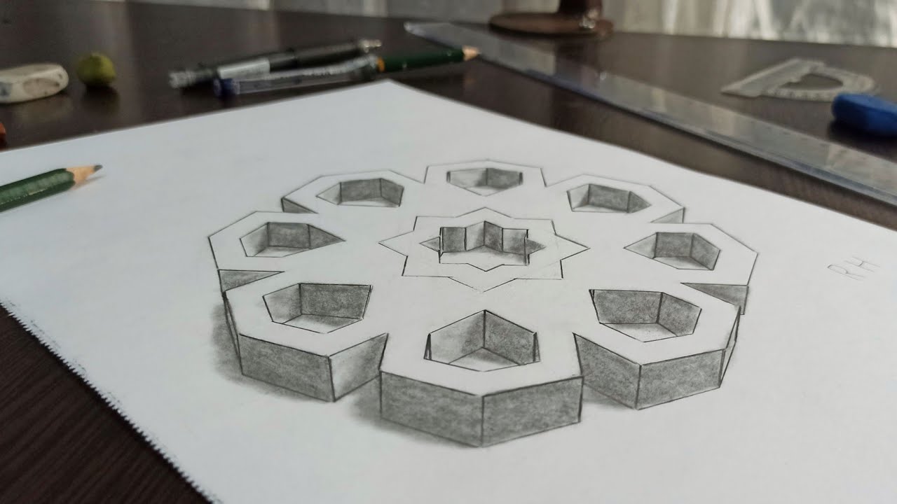 كيف ترسم زخرفه هندسية إسلامية ثلاثي الأبعاد بقلم الرصاص بسهولة/How to draw 3D geometric shapes