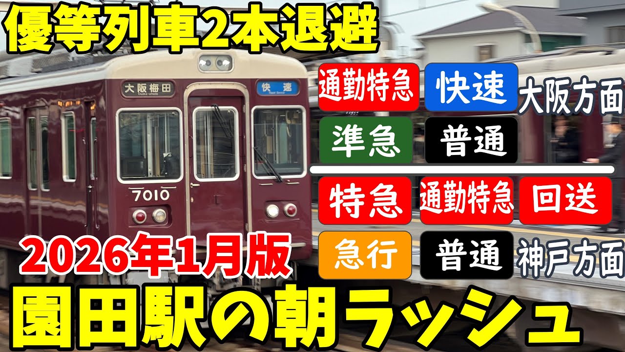 【#阪急電車】もうすぐダイヤ改正から1年を迎える神戸線。ラッシュ時の列車2本通過待ちが当たり前になった朝ラッシュの園田駅　#阪急神戸線　平日7時43分～