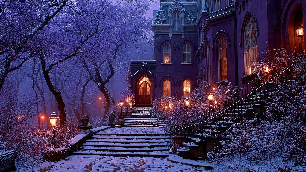 Gothic Mansion Entrance in Snowy Winter Night | Melancholic Piano & Cello | Dark Academia Ambience