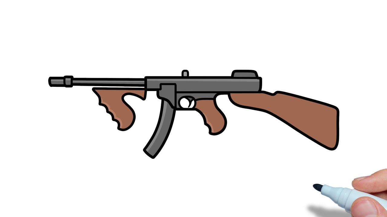 How to draw a THOMPSON submachine gun easy | Drawing Tommy gun step by step