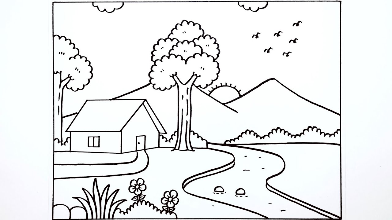 Cara menggambar pemandangan gunung dan rumah yang mudah