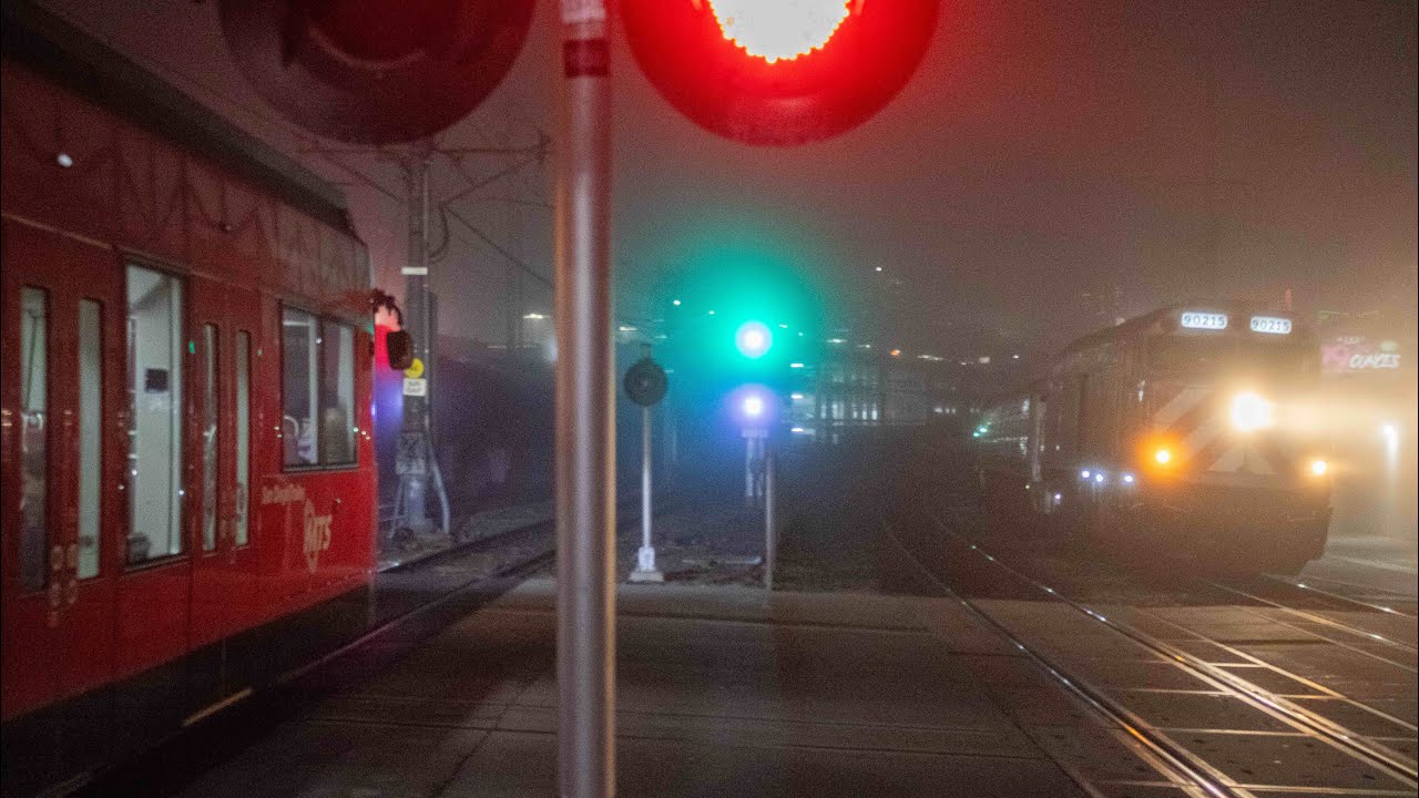 Comets! Foggy nighttime railfanning - downtown San Diego (01/15/2026)