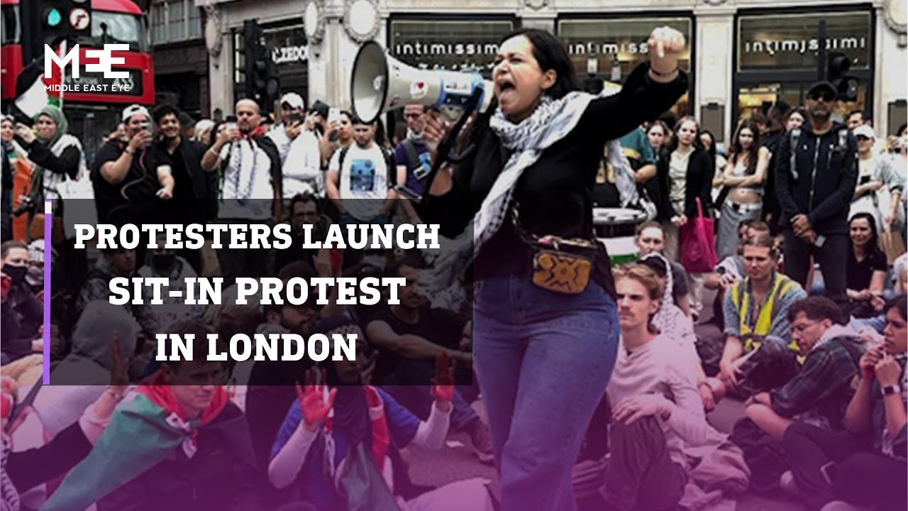 Pro-Palestine protesters gather and launch a sit-in protest in London