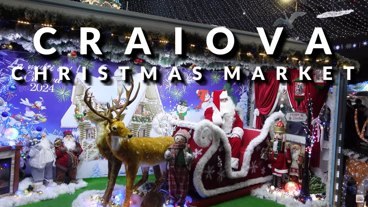 Craiova Christmas Market 2023 Night Walk Virtual Tour 4K in heavy rain